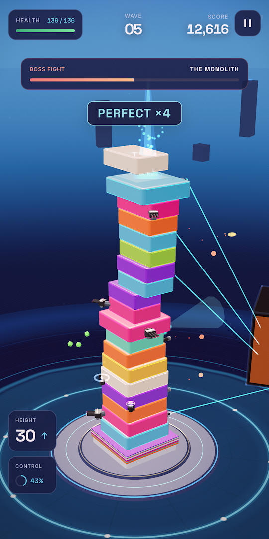 Игровой процесс STACK SIEGE: высокая башня с орудиями на арене